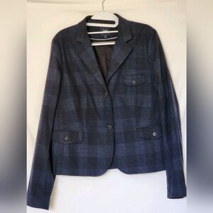 Gap Wool Blend Blazer Women's Size 12 Navy Blue Black Plaid Dark Academia Preppy